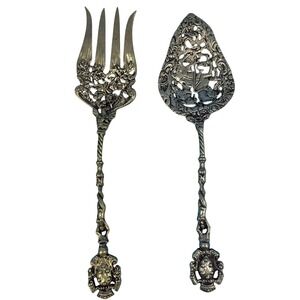 Vintage Ornate Silver Plated Knight Mermaid Pierced Salad Serving Set 2pc‎